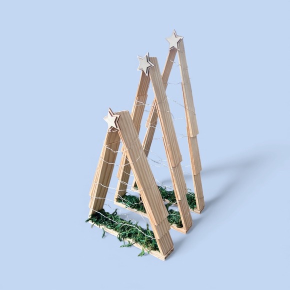 Set of 3 Rustic Wooden Christmas Trees with Lights, 10, 13.5, 15 in. Heights - Picture 12 of 13